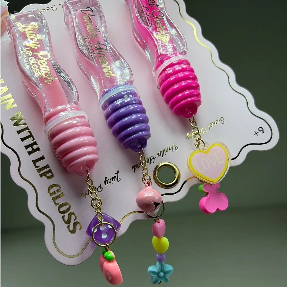 Simple Pleasures Keychain Lip Gloss Set Sweet Cherry Vanilla Juicy Peach 3 Pack